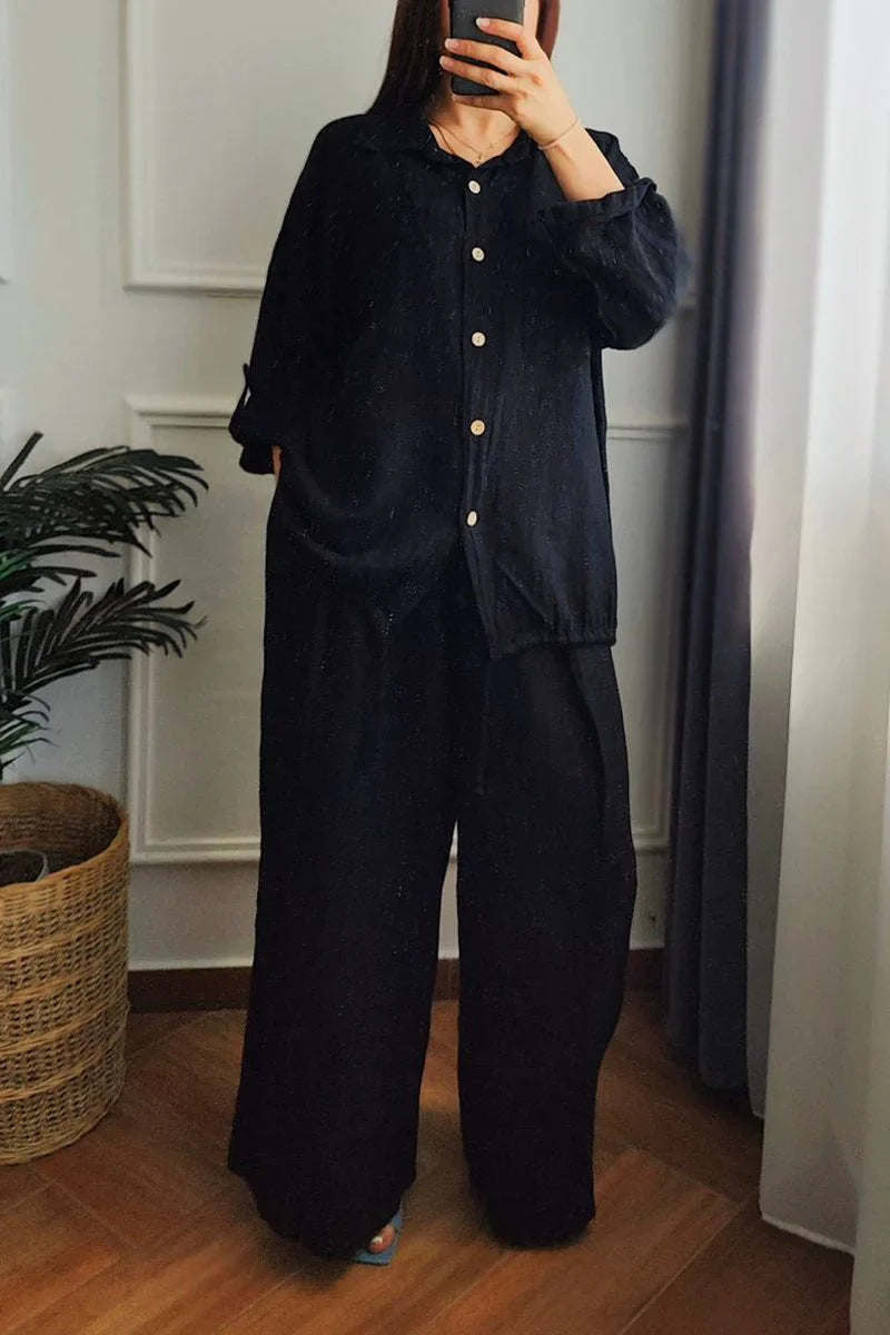 Women's Baggy Cotton And Linen High-waisted Suit With Buttons