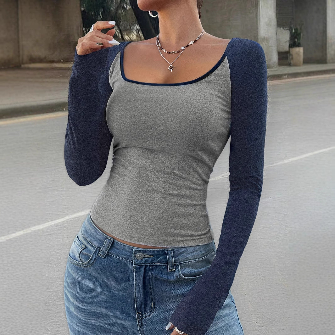 Women's Casual Color Matching Square Collar Long Sleeve T-shirt Spring And Autumn Women's Top
