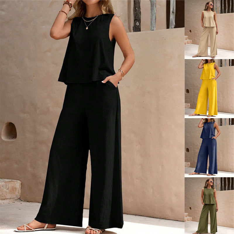 Women Elegant Solid Color Casual Loose Pants Sets