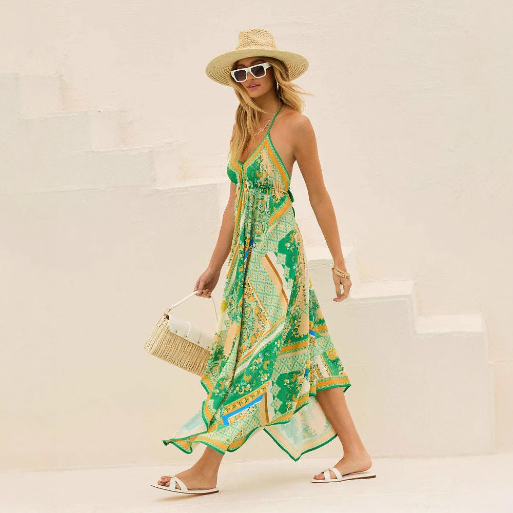 Off-the-shoulder V-neck Women's Clothing Spaghetti-strap Floral Print Dress