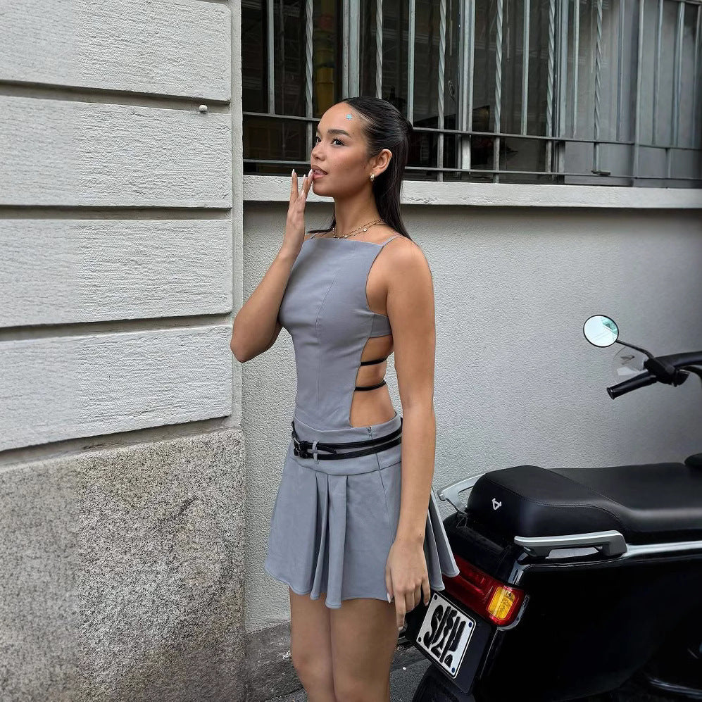 Sexy Sling Backless Belt Pleated Dress