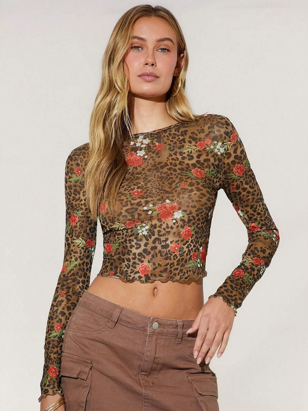 Leopard Print Flower Printed Mesh Round Neck Short Long-sleeved