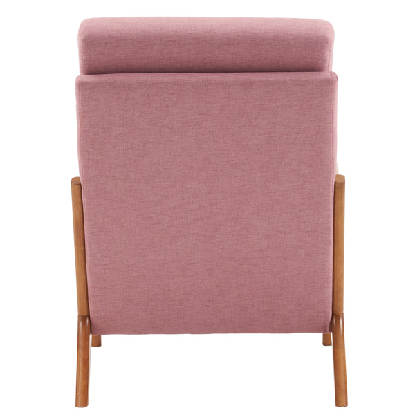 High Back Solid Wood Armrest Backrest Iron Frame Linen Indoor Leisure Chair Pink