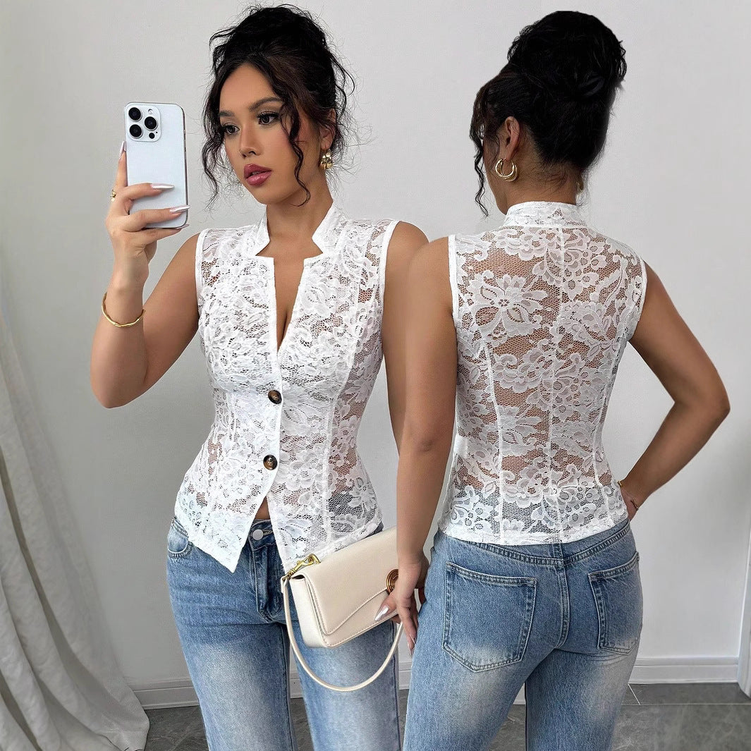 Sexy Young Hollow Chest Jacquard Design See-through Lapel Skinny Lace Top
