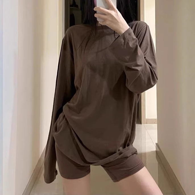 Lazy Skin-friendly Texture Loose Long-sleeved T-shirt For Women