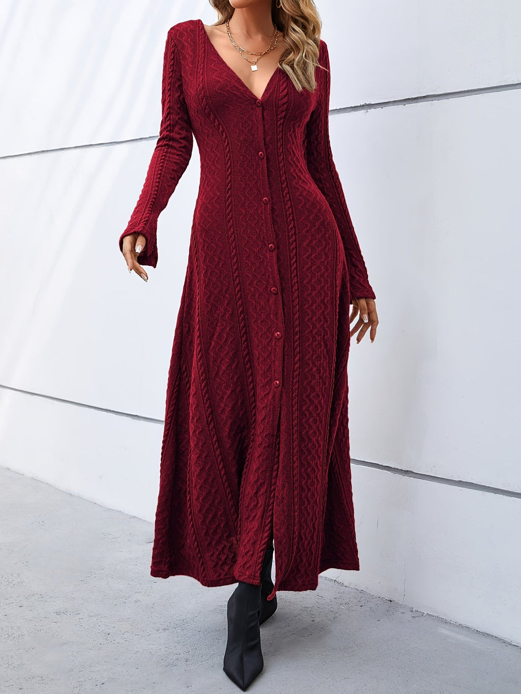 Elegant Buttons Slit Long Dress, Casual Deep V Neck Long Sleeve Waist Long Dresses