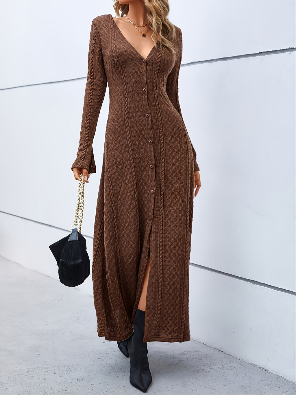 Elegant Buttons Slit Long Dress, Casual Deep V Neck Long Sleeve Waist Long Dresses