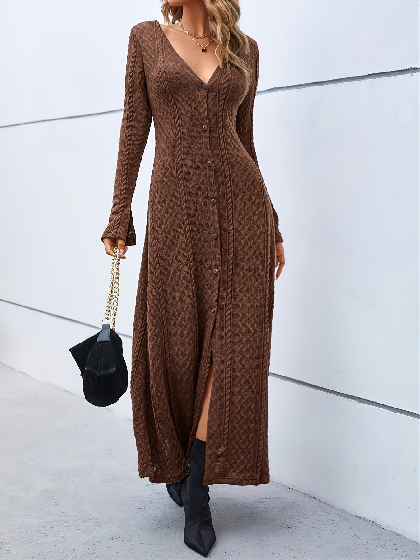 Elegant Buttons Slit Long Dress, Casual Deep V Neck Long Sleeve Waist Long Dresses