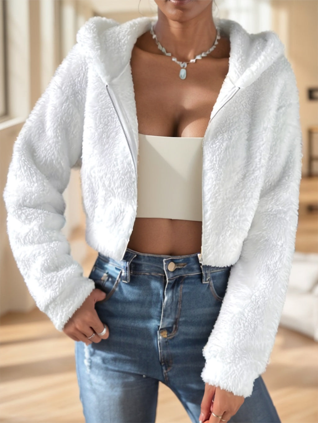 Solid Color Zip-up Teddy Hoodie, Casual Long Sleeve Hoodie Jacket