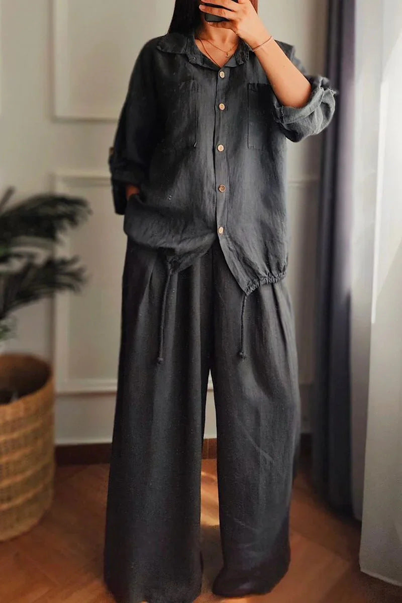Women's Baggy Cotton And Linen High-waisted Suit With Buttons