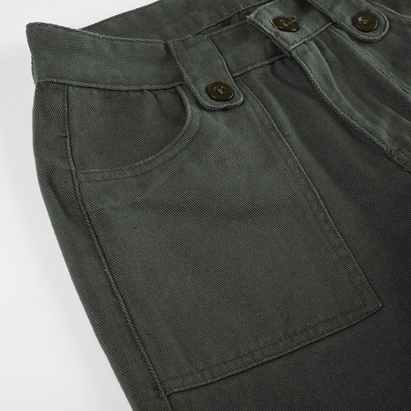 Street Pocket High Waist Work Clothes Straight-leg Pants Women