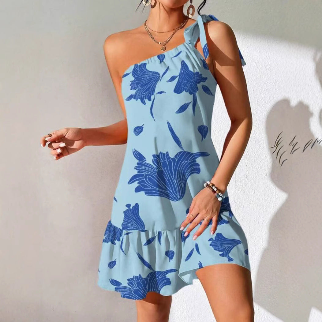 Women's Oblique Shoulder Strap Printing Dress