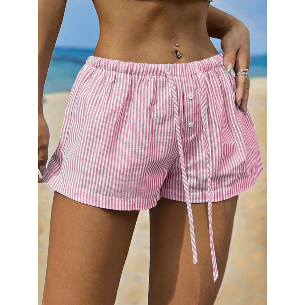 Fashionable Basic Striped Elastic Casual Shorts Home Loose Slimming