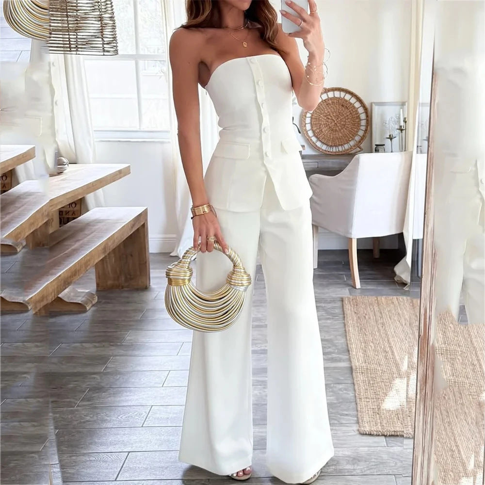 Off-shoulder Sleeveless Single-breasted Slim-fitting Straight Pants Suit