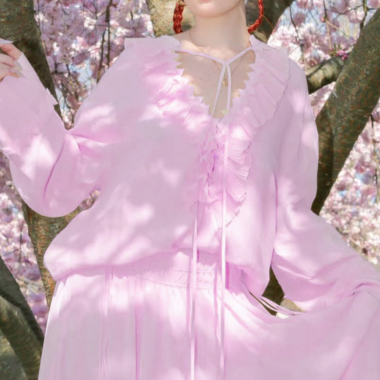 Pleated Lace Collar Top Court Long Sleeve