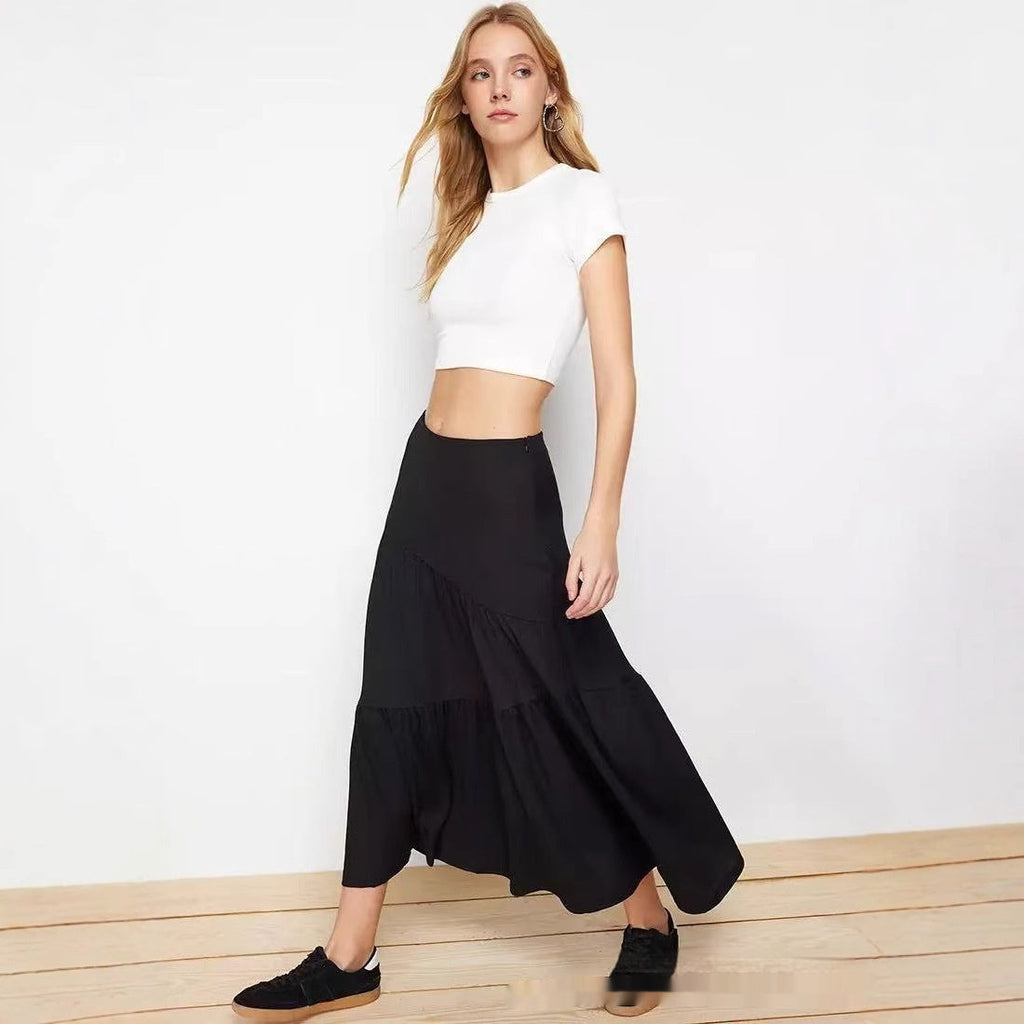 High Waist Elastic Skirt Irregular Pleated A- Line Big Hem Dress