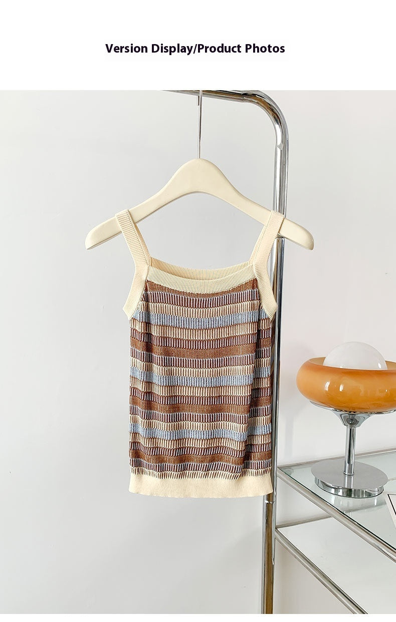Knitted Inner Match Striped Spaghetti Straps Small Vest Outer Wear