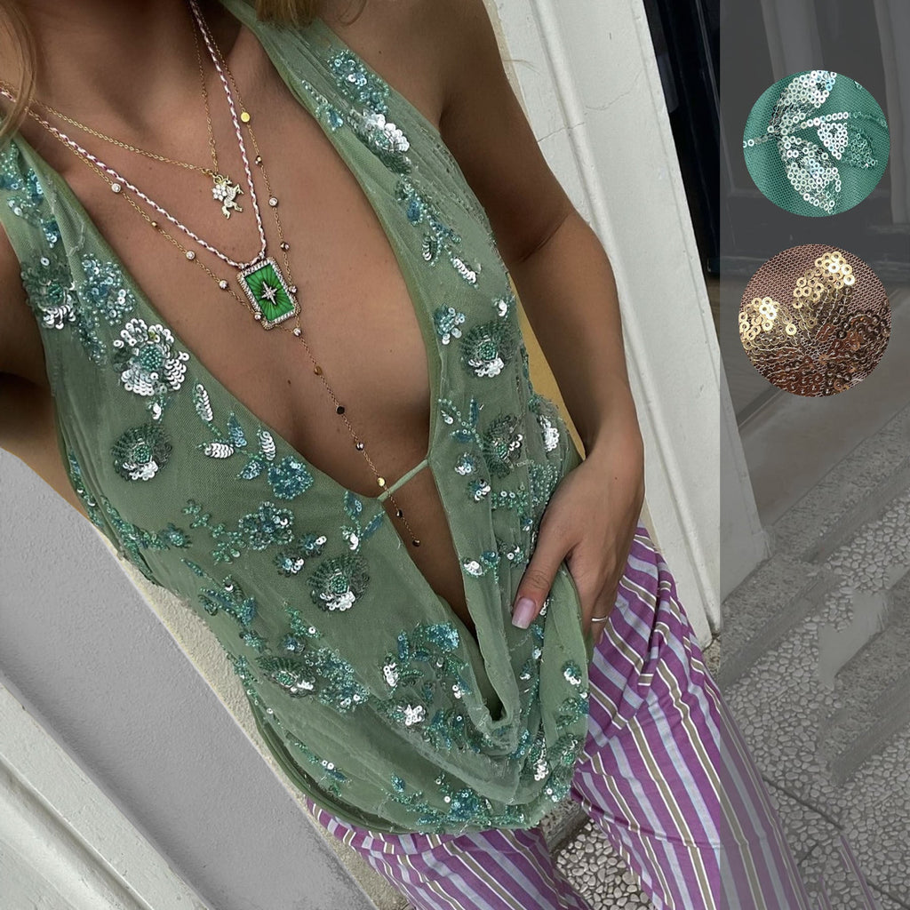 Women's Sexy Backless Sequined V-neck Top