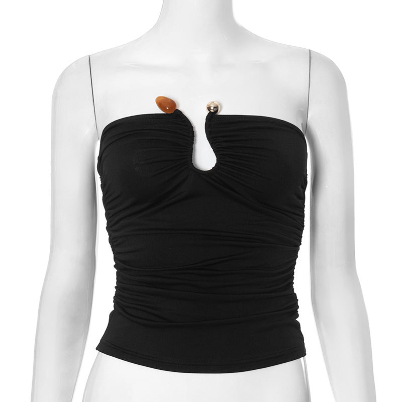 Solid Color Chest-wrapped Backless Pleated Agate Top