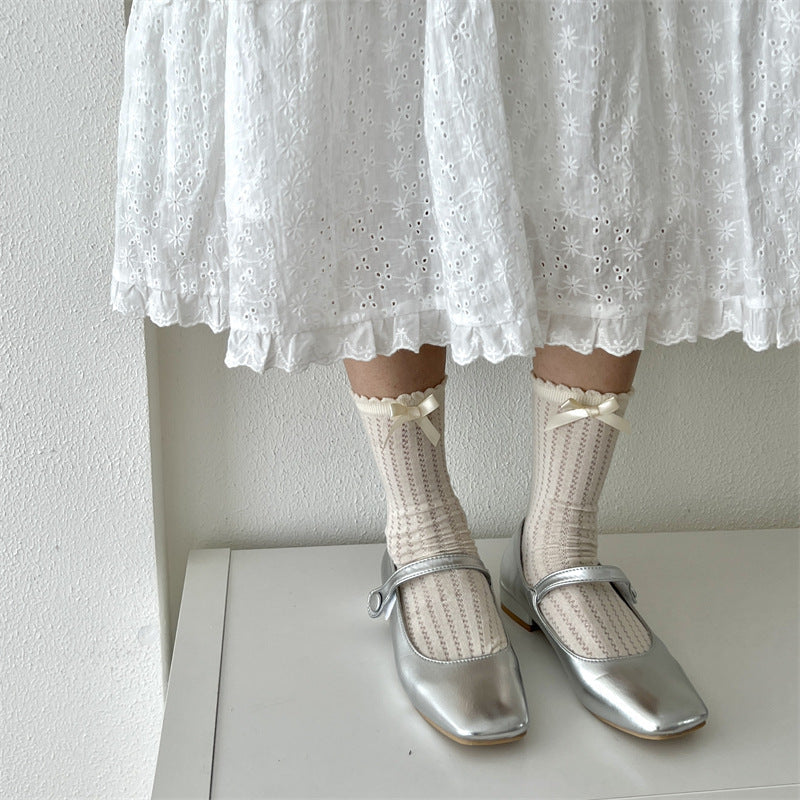 Thin Mesh Hollow Out Bow Mid-calf Length Loose Socks Breathable Sweat Absorbing