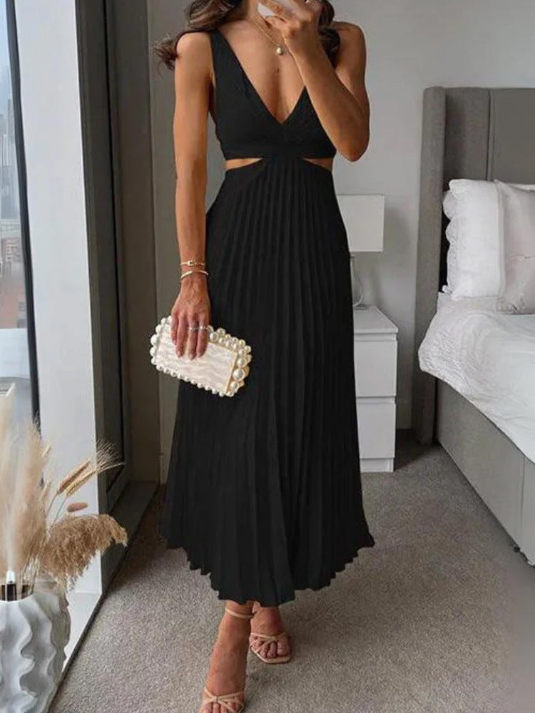 Suspender Pleated Long Dress With Hollow-waisted Design Fashion V-neck Backless Dresses Summer Women's Clothing