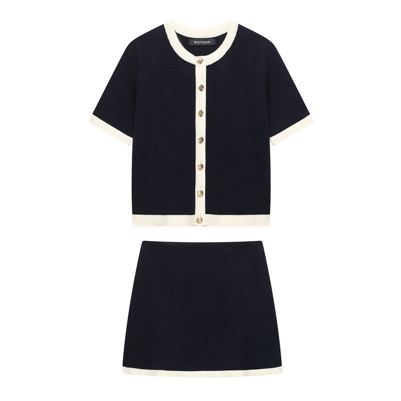 New Women's Clothing Classic Style Contrast Color Knitwear Coat Knitted Mini Skirt