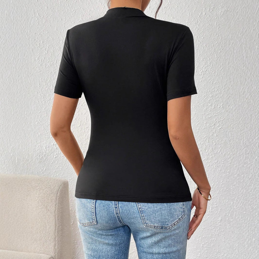 Ladies Contrast Color 3D Floral Embroidered Slim Short Sleeve