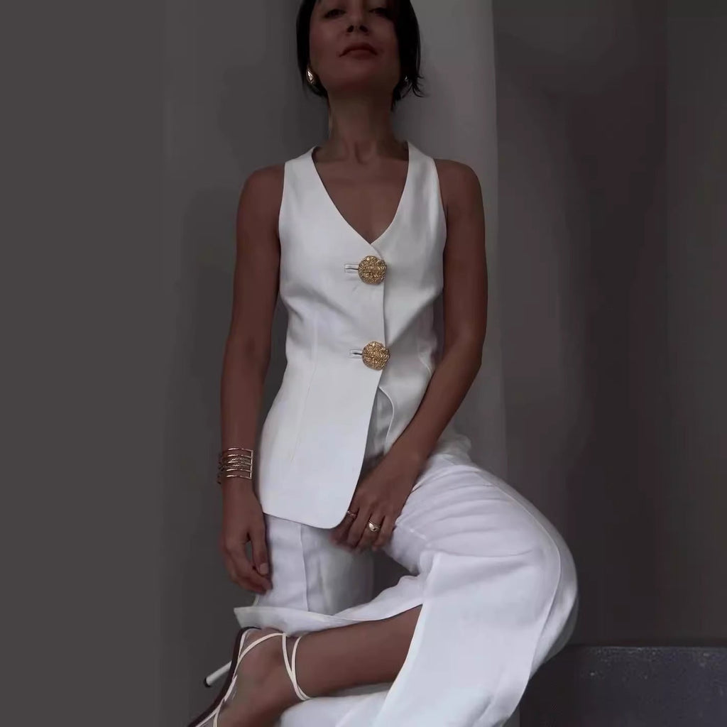 Summer New Solid Color Sleeveless Slim Fit Vest Suit Pant Suit