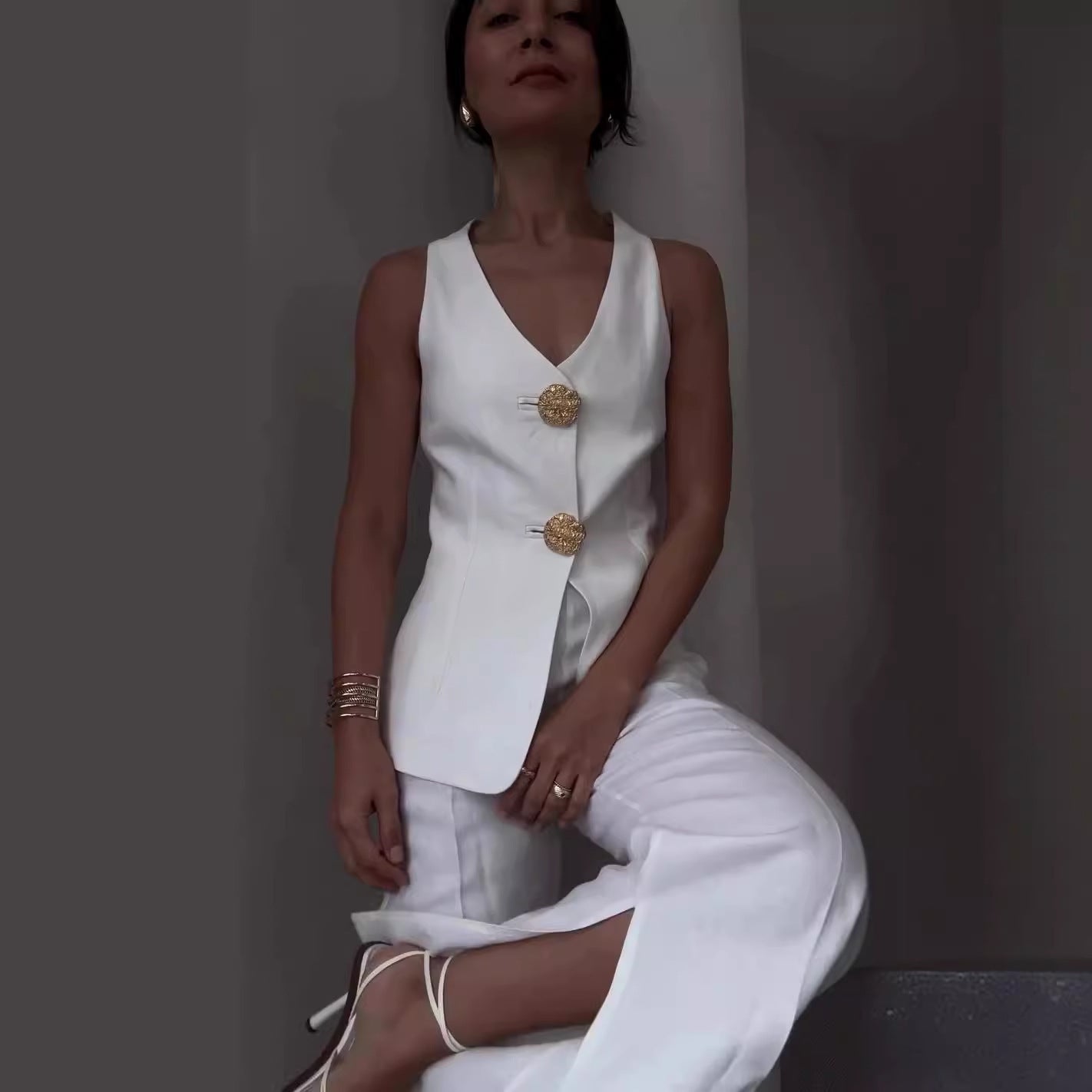 Summer New Solid Color Sleeveless Slim Fit Vest Suit Pant Suit