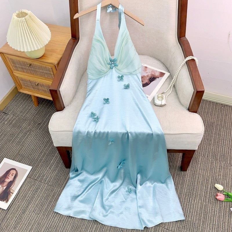 French Vacation Style Halter Blue Flower Dress