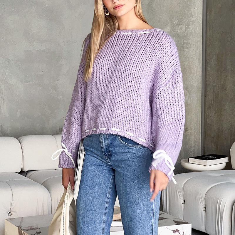 Women Bowknot Pullover Sweater Fashion Y2K Long Sleeve Loose Knitted Top Women's Clothing