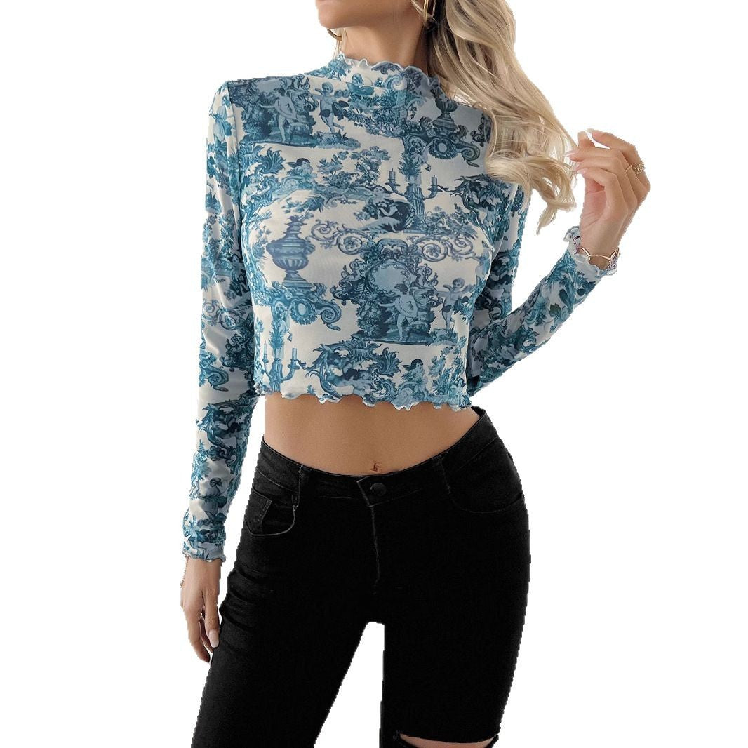 Transparent Blue Printed Long-sleeved Small Stand Collar Mesh Short T-shirt