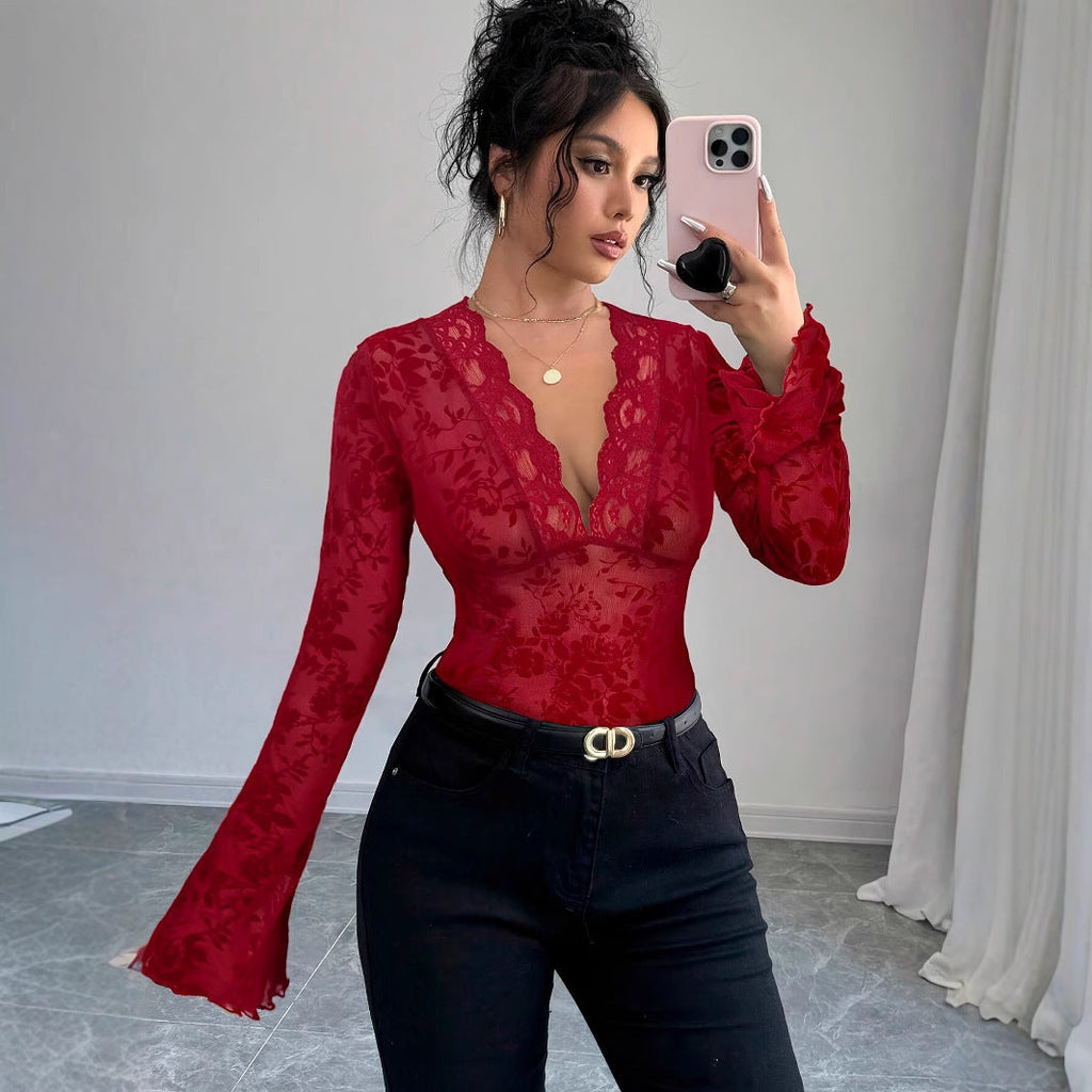 Women V-neck Lace Mesh Flare Sleeve T-shirt
