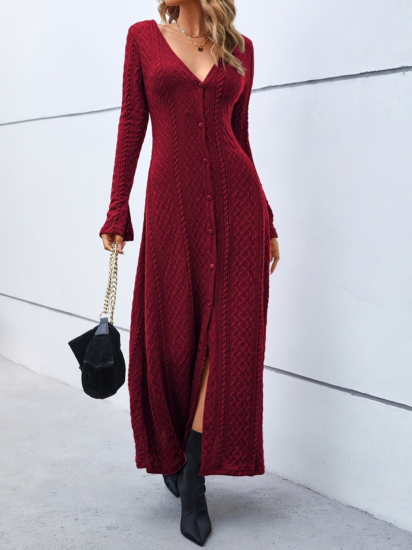 Elegant Buttons Slit Long Dress, Casual Deep V Neck Long Sleeve Waist Long Dresses
