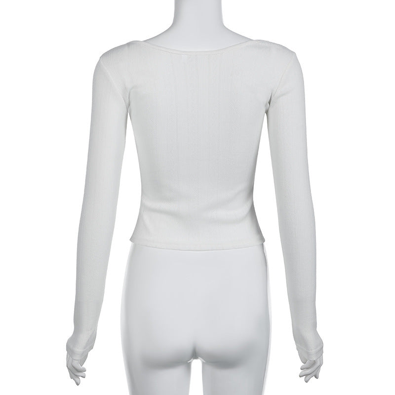 Female Bow Color Contrast Patchwork Base T-shirt Openwork Knitted Top