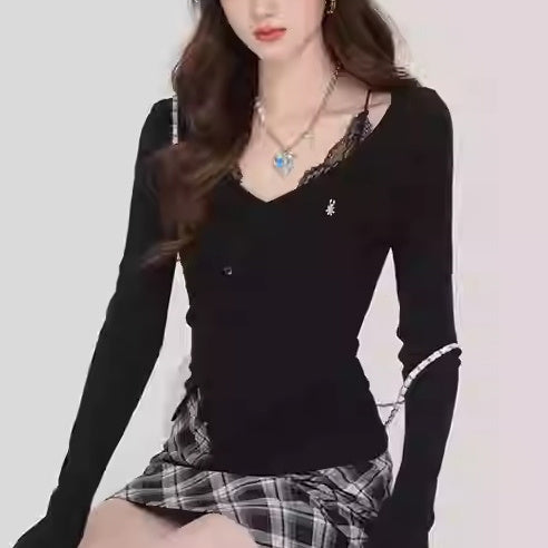 Pure Desire Faux Two-piece Lace Long-sleeved T-shirt For Women