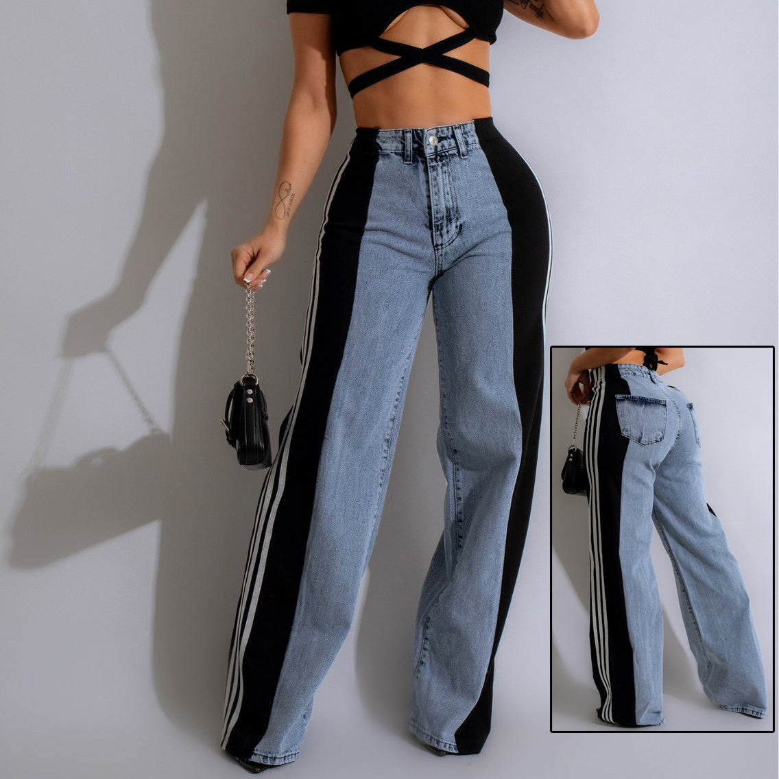 Fashion Casual High Waist Elastic Straight Leg Trousers Three Stripe Patchwork Denim Wide Leg Pants Streetwear