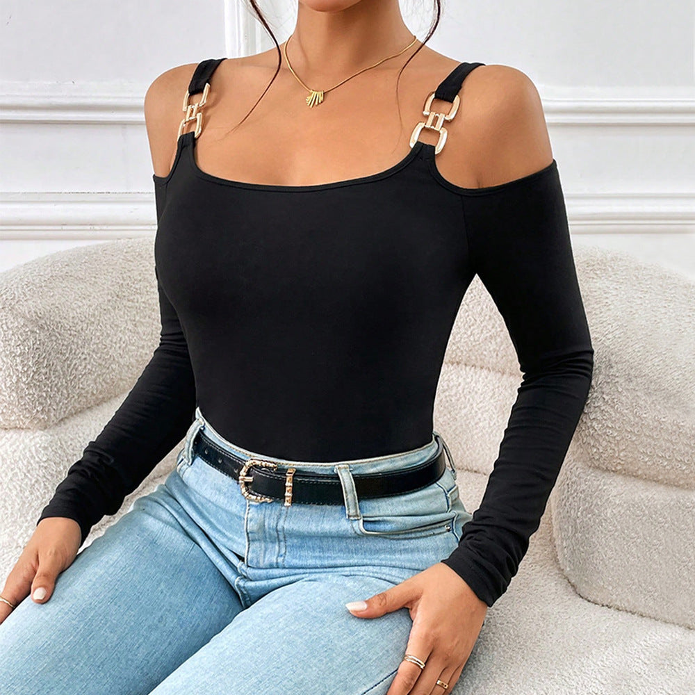 Women's Simple Suspender Off-Shoulder Metal Hook Long-Sleeved Sexy Top