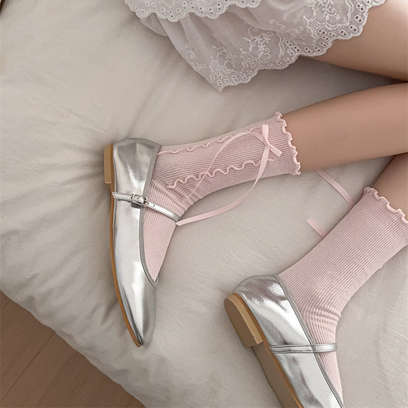 Girly Style Side Wooden Ear Bow Ribbon Female Middle Tube Socks