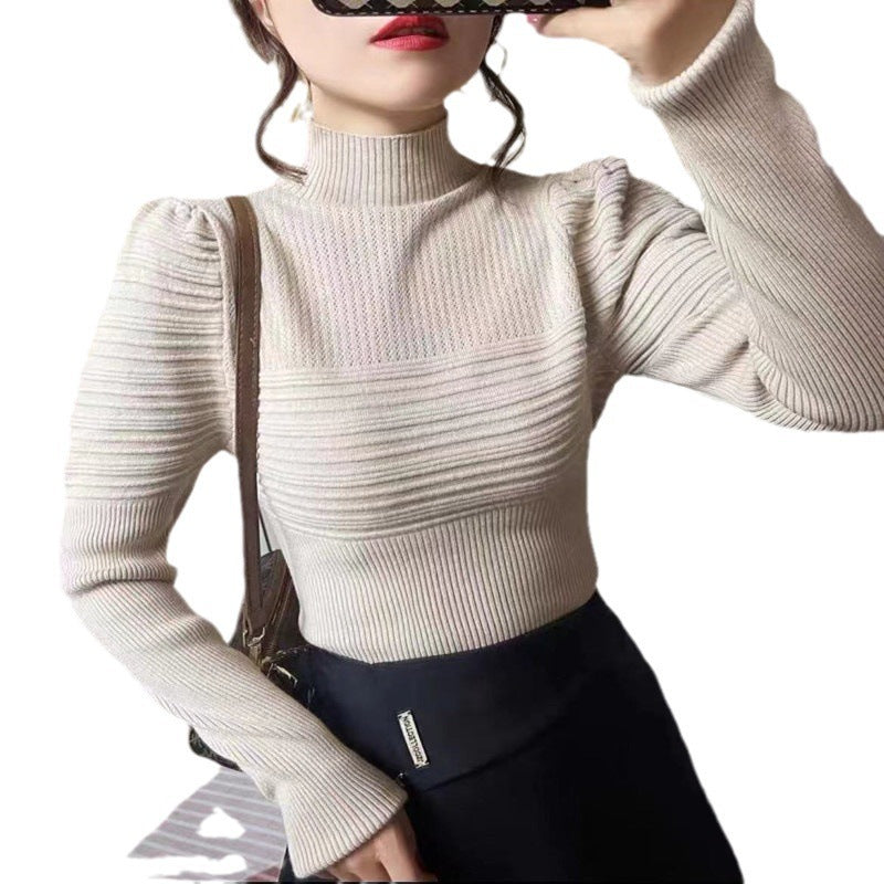 Women's Half Turtleneck Puff Sleeve Knitted Bottoming Shirt