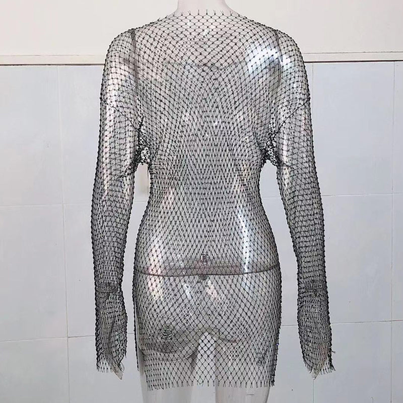 Women Rhinestone Cutout Mesh Top Blouse