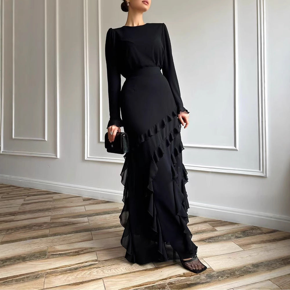 Three-dimensional Ruffled Slim Fit Long Dress Two-piece Set