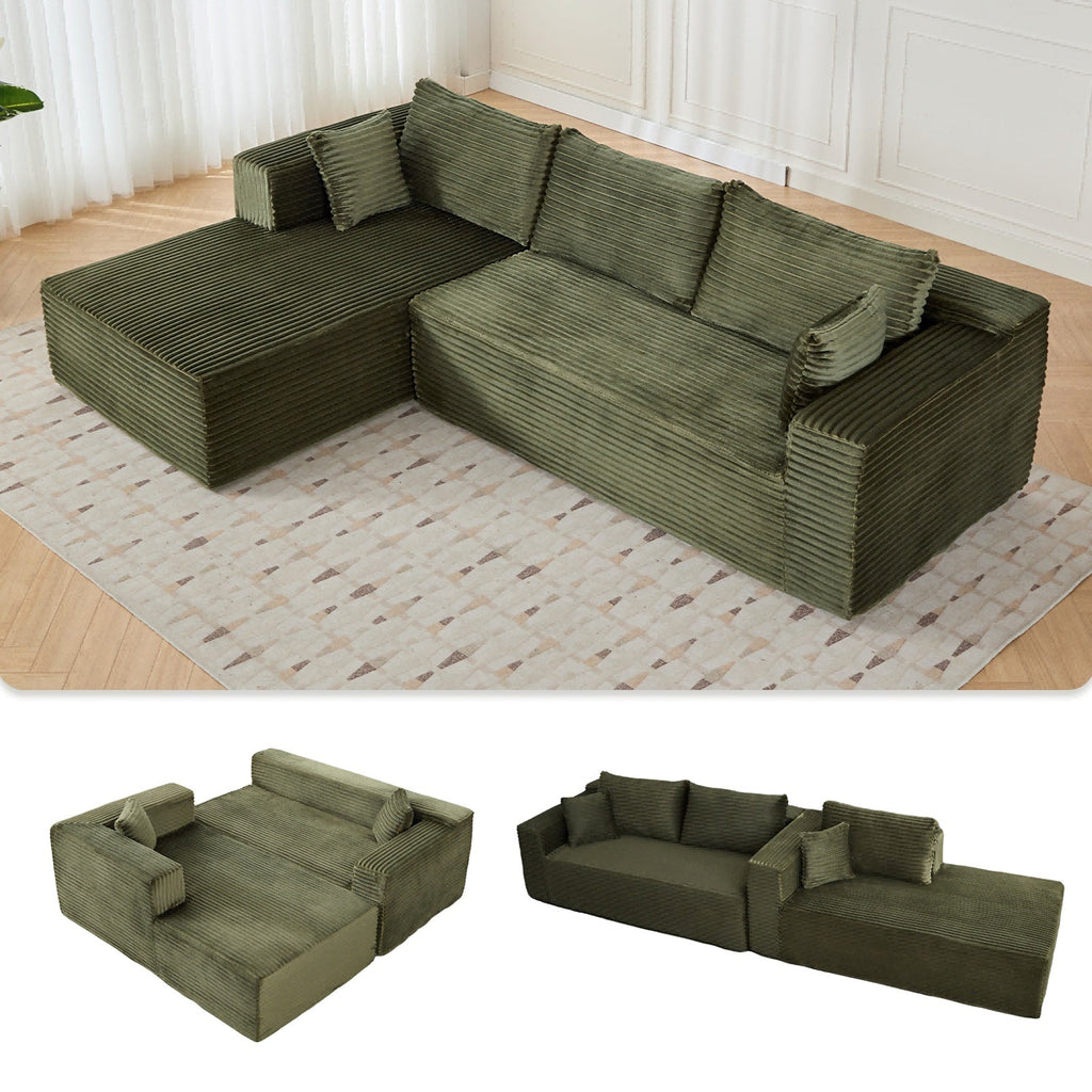 L-Shaped Compression Sofa Bed With Corduroy Fabric - Convertible Sectional Sofa, Foldable Floor Couch Sleeper, Space-Saving Flannel-Like Lounge