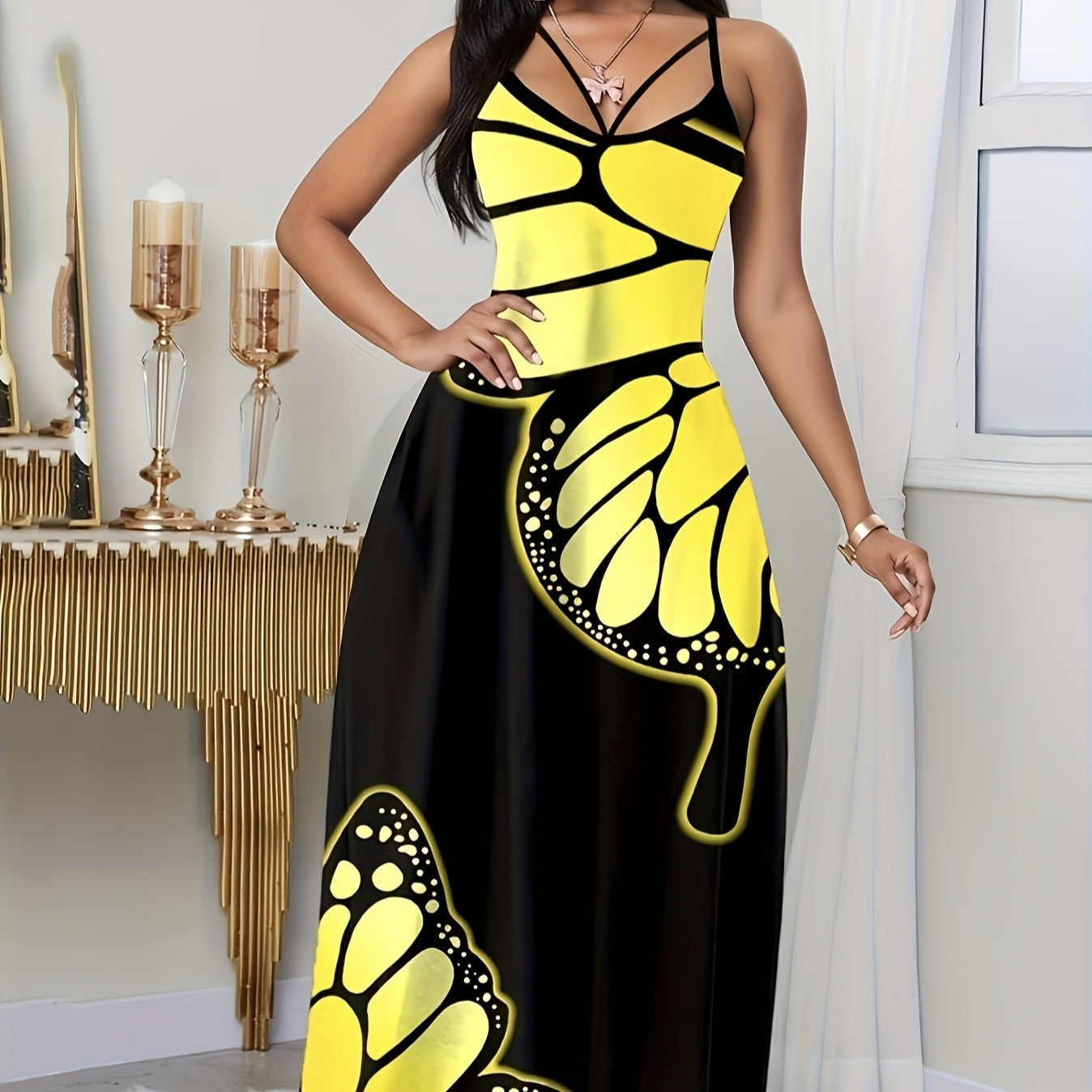 Ladies' V-neck Fashionable Butterfly Print Black Long Skirt Dress