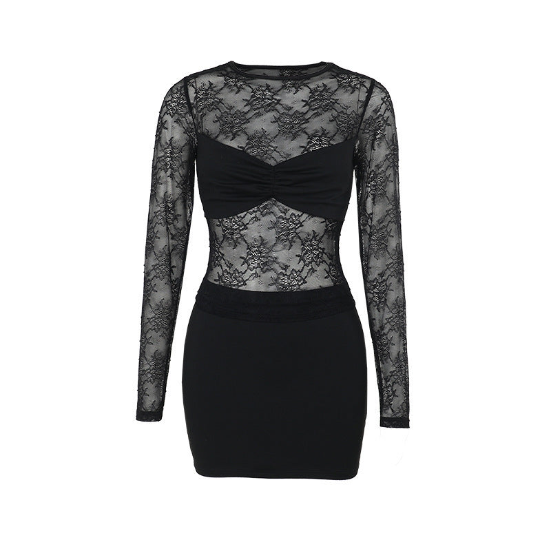 Women's Elegant Slim Lace Smock Top Mid-length Dress Set