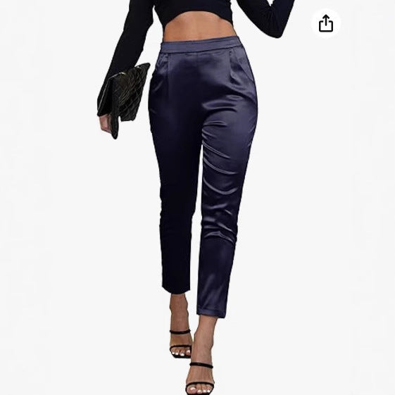 Women's Comfortable Pocket Straight High Waist Acetate Pants