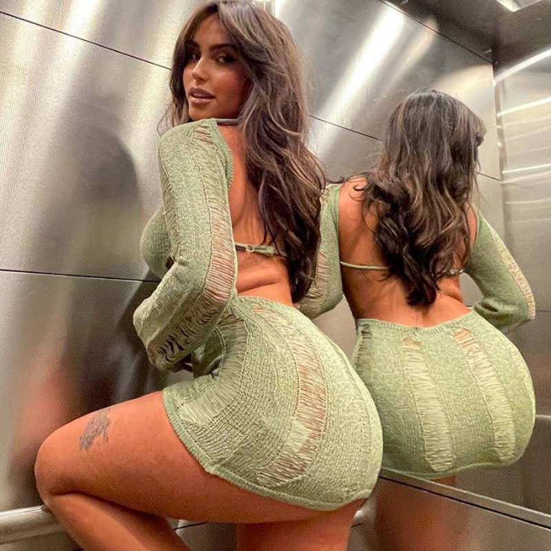 Slim Fit Hollow Long Sleeve Dress Y2K Sexy Backless Hip-hugging Short Dresses Womens Clothing