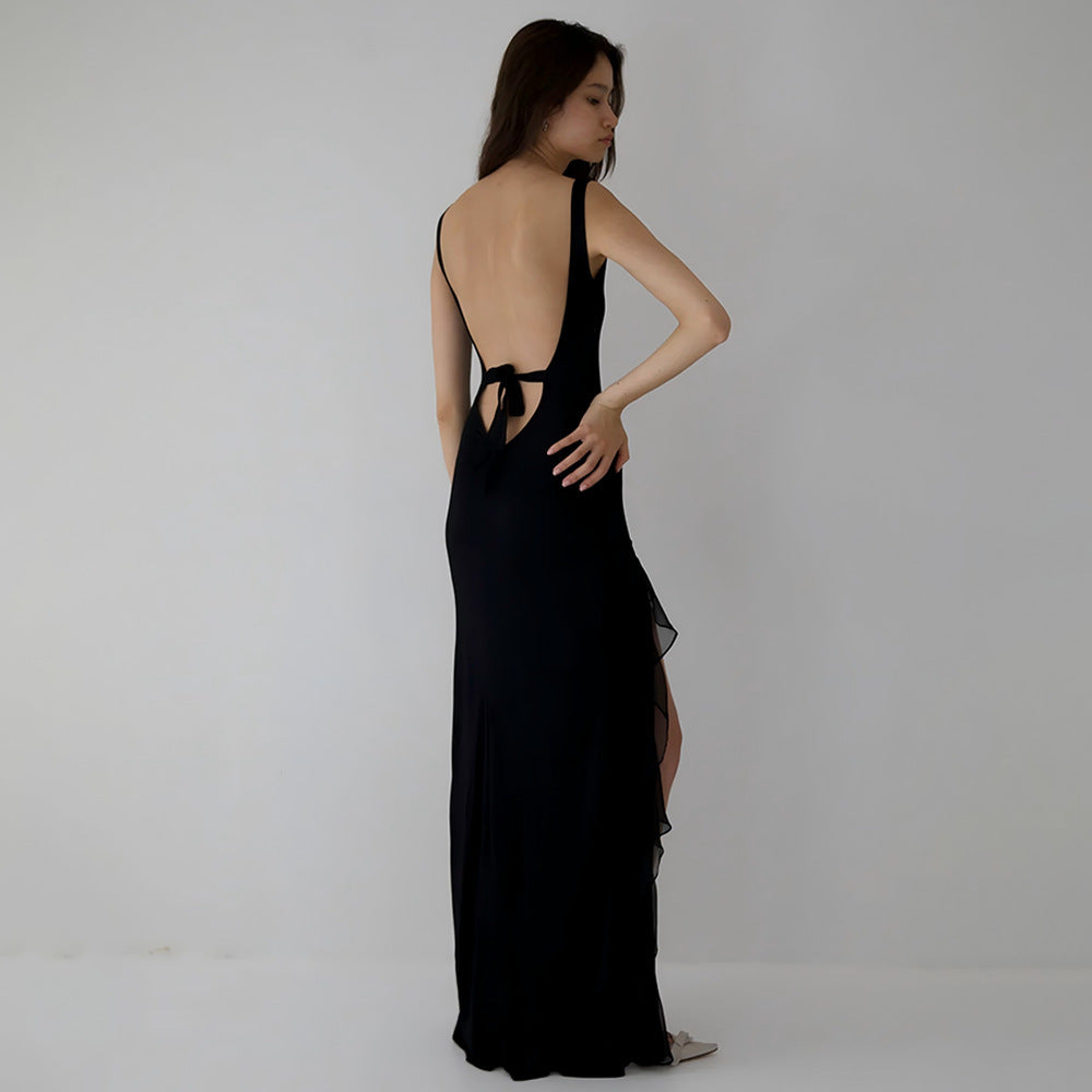Ribbon Women Backless High Slit Dress