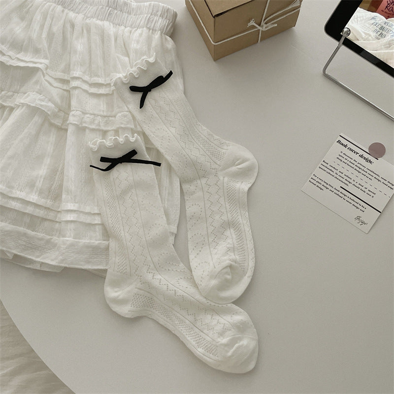 Thin Mesh Solid Color Bow Mid-calf Length Loose Socks Breathable Sweat Absorbing