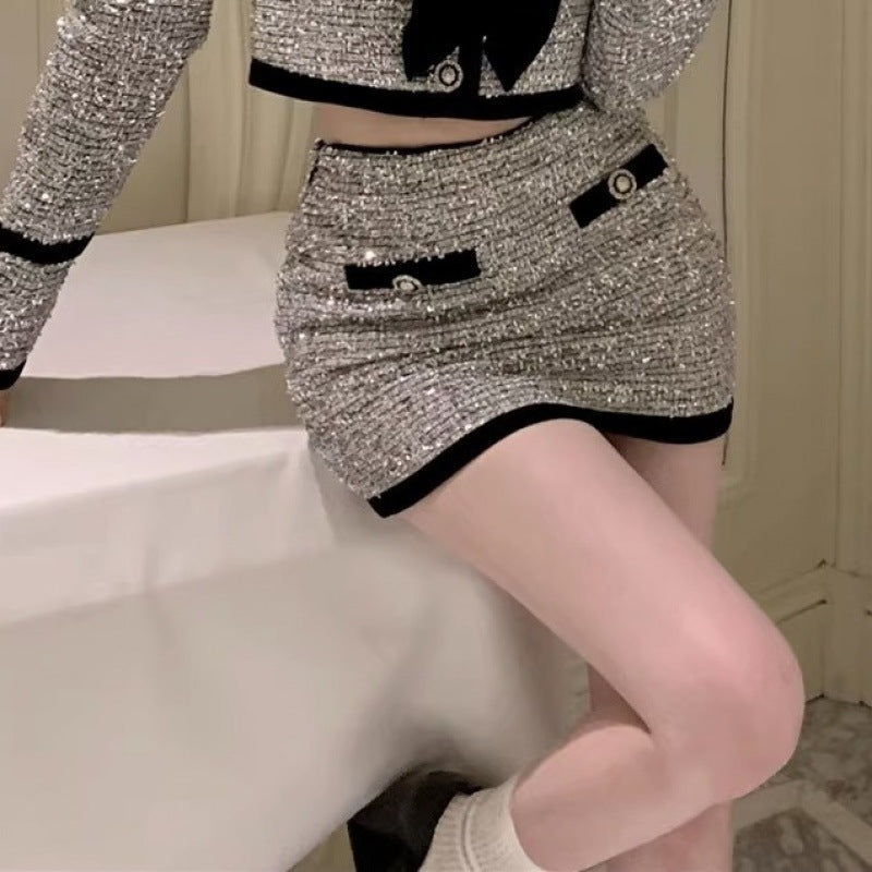 Classic Style Bow Round Neck Long Sleeve Coat Skirt Two-piece Suit